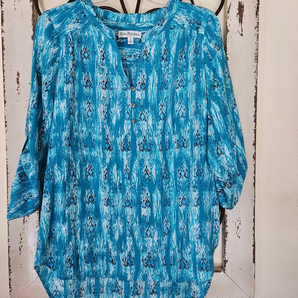 NWOT- Kim Rogers Blue/Green 3/4 Roll Tab Sleeve Pullover Top Tunic Size S
